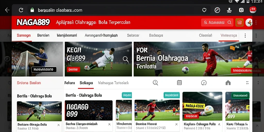 Antarmuka aplikasi NAGA889 menampilkan berita olahraga bola terkini.